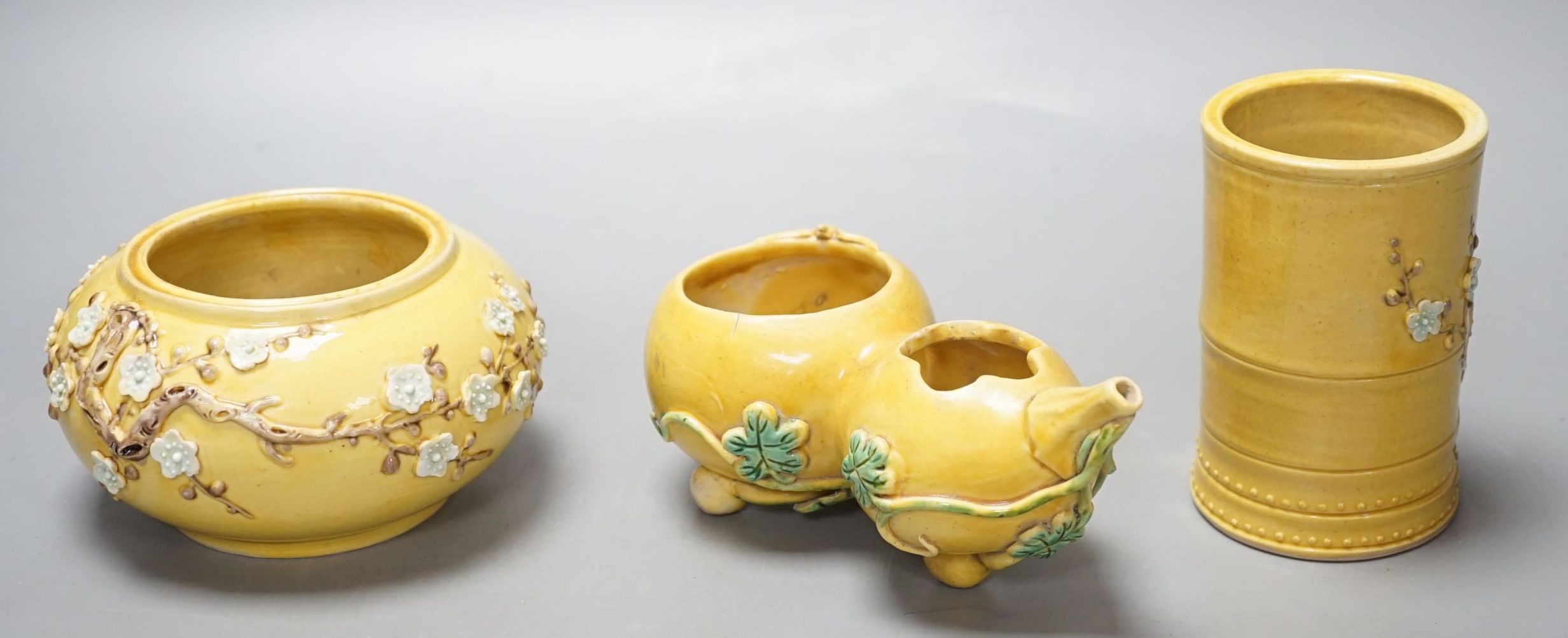 A Chinese yellow coloured biscuit porcelain three piece scholar's set, Republic period, brushpot 10 cm high